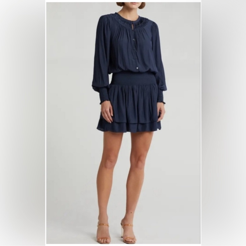 $425 Nwt Ramy Brook Clarinda Drop-Waist Smocked Mini Dress Navy Xs Broken Button